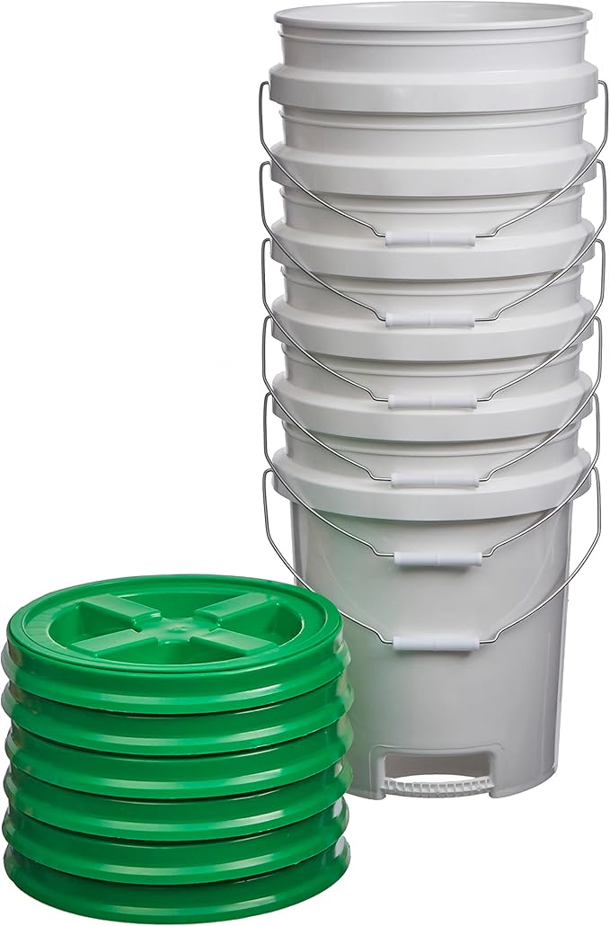 Consolidated Plastics 5 Gallon White Food Grade Buckets with Bottom Grip Handle & Gamma Seal Lids, BPA Free Container Storage, Durable HDPE Pails, Made in USA (6 Pack, Green Lids)