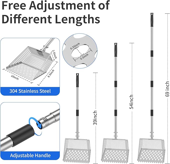 Chicken Poop Scooper & Rake 2-in-1,Chicken Litter Scoop with Handle(24 to 69") for Chicken Coop & Pet Waste Cleaning,304 Stainless Steel Shovel Head, Chicken Coop Accessories，Litter Sifting Shovel