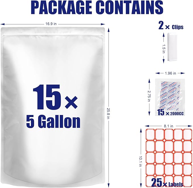 15 Pcs 5 Gallon Mylar Bags for Food Storage, 10.5 Mil Mylar Bags with Oxygen Absorbers 2000cc (15 Single Sealed), Stand-Up Zipper Resealable Bags & Heat Sealable Food Storage Bags + Labels