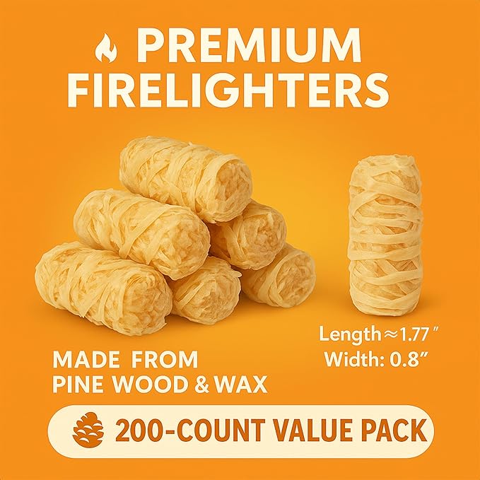 200 PCS Natural Wax & Sawdust Fire Starters – All-Weather Charcoal Starters for Campfires, Grill, Fire Pit, Indoor Fireplaces, BBQ, Wood Stove, Smoker