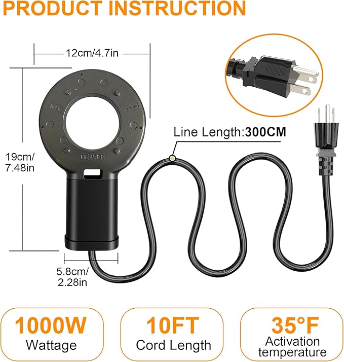 1000W Utility De-Icer, Submergible Bird Bath Heater De-icer, Chicken Water Heater, Stock Tank Heater for Livestock Poultry Birds, Cows, Horses, Wildlife Drinkingwith 10FT Power Cord, Black