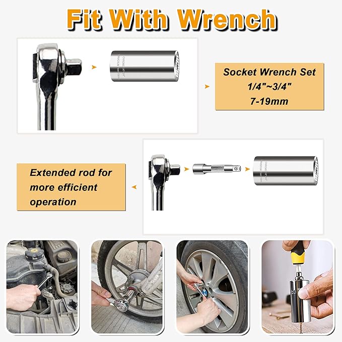Universal Socket Wrench Tool set (7-19mm) Multi-Function Professional Super Socket Tool Sets unscrew any bolt with Power Drill Adapter and 3/8 inch Ratchet wrench