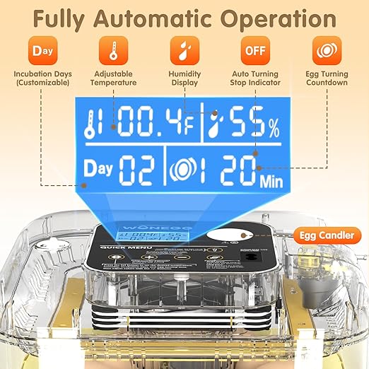 12 Egg Incubator with Automatic Turning, Temperature and Humidity Control, LED Egg Candler, and Auto Water Addition, for Hatching Chicken, Goose, Duck, Quail, Pigeon, and Turkey Eggs