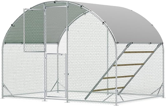 Large Chicken Coop,10x6.5x6.5FT Metal Chicken Run for Yard with Feeding Door, Round Top Walk-in Chicken Pen,Outdoor Poultry Cage with Anti-UV Cover,Rabbit Duck House