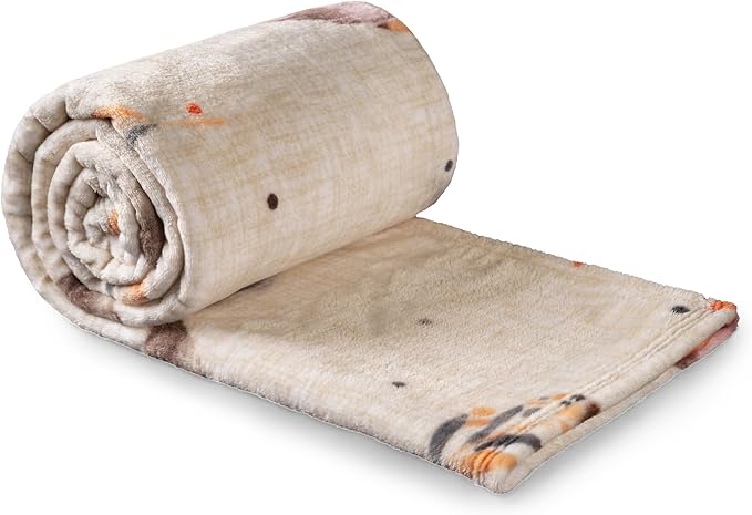 Vianney Feathers King Size Lightweight Fleece Blanket in Cream with Grey and Coral Feather Pattern