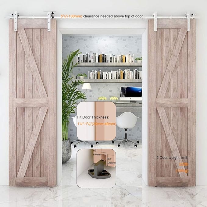 TSMST 16FT Sliding Barn Door Hardware Kit, Top Mount Stainless Steel Heavy Duty Sturdy Barn Door Track for Double Wood Door, Slide Smoothly Quietly (L Style)