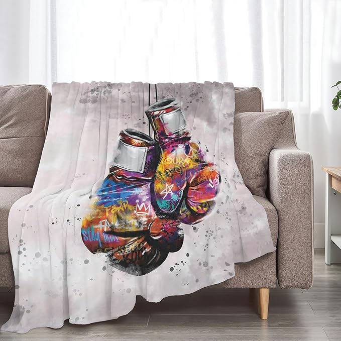 Boxing Blanket Gifts for Boys Men Soft Warm Plush Banksy Graffiti Boxing Gloves Sport Throw Blanket Flannel Fleece Fuzzy Sports Theme Blanket for Adults Lovers Bed Couch Living Room Decor 60"X50"