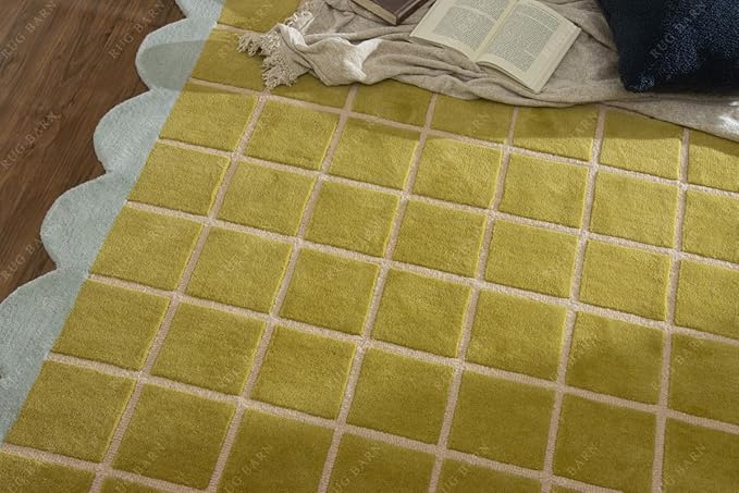 Checkered Wool Area Rug with Scalloped Border, Chartreuse Green & Cream Grid, Hand-Tufted, Soft Cut Pile, Modern Cottagecore Living Room, Bedroom & Nursery Carpet - 2.5x9 Ft (Runner)