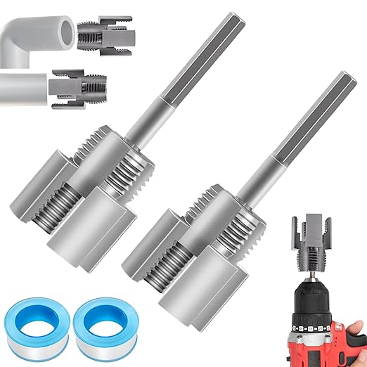 PVC Pipe Threader Kit, Integrated Internal & External Dual-Function Dies, 1/2" & 3/4" Pipe Threading Tool, Electric Drill Compatible Rethreading Head for Easy Home Repair （2PCS1/2(DN15)