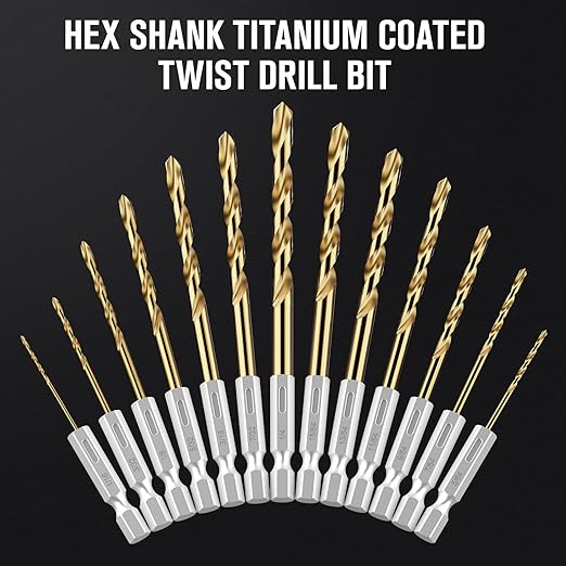 Hex Shank Drill Bit Set, 19Pcs Titanium Twist Drill Bit for Sheet Metal, Wood, Plastic, Quick Change Design (1/16" - 1/4")