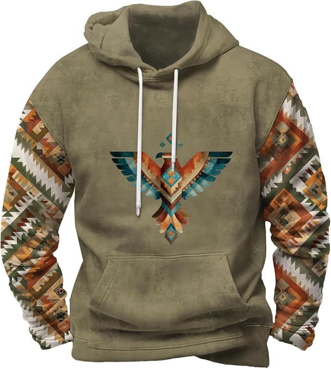 Mens Hooded Sweatshirt Vintage American Element Long Sleeve Fall Hoodie Classic Drawstring Front Pocket Pullover