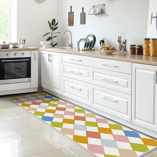 Washable Checkered Neutral Runner for Hallway Bedroom 2x6 Modern Geometry Non Slip Colorful Area Rug Low Pile Indoor Floor