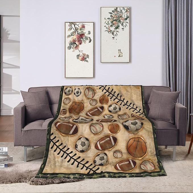 Vintage Sports Soccer Blanket Ultra Soft Cozy Plush Baseball Basketball Football Throw Blanket Sport Ball Fans Lovers Gifts Kids Adults Lightweight Flannel Comfy Blankets for Couch Sofa Bed 50"x40"