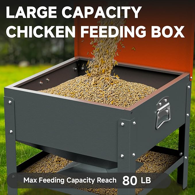Portable Metal Chicken Feeder with Waterproof Lid, Freestanding Chicken Feeding Box with 80 lbs Large Capacity for Chickens, Orange
