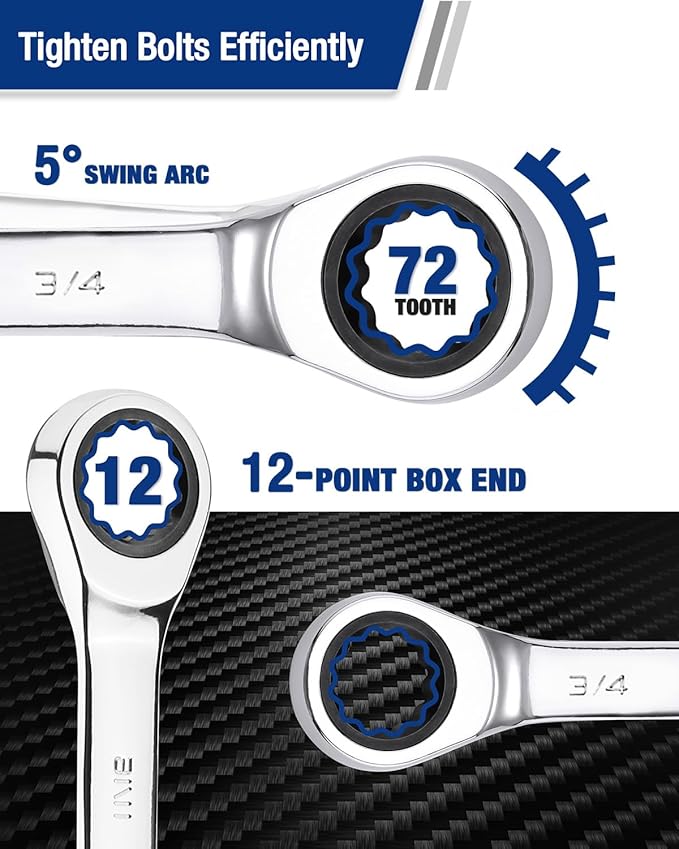 WORKPRO 3/4" Ratcheting Combination Wrench SAE, CR-V Constructed with Mirror Polish Chrome Plating, 12-Point Design, 15-Degree Offset