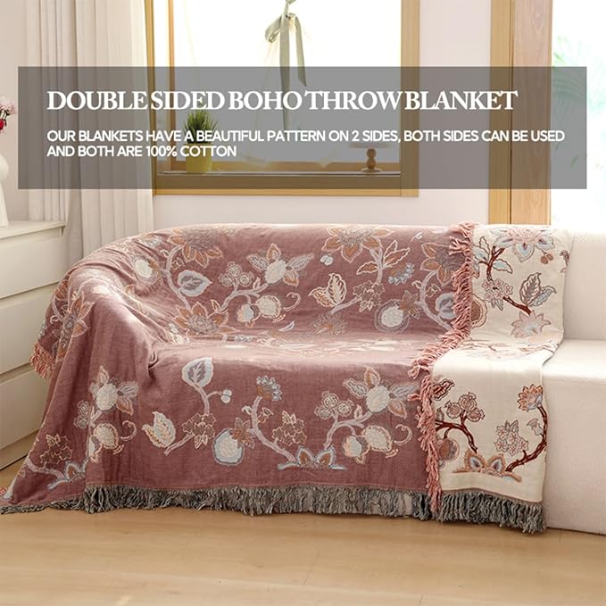 Boho Throw Blanket, 100% Cotton Ultra Soft Luxury Throw Rustic Quilt, Muslin Breathable Soft Bed Throw ，All Throw for Sofa Couch Chair 60×80 Inch