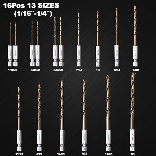1/4 Hex Shank Cobalt Drill Bit Set 16Pcs 1/16"-1/4", M35 HSS Impact Driver Drill Bits for Metal and Hardened Steel, with Indexed Storage Case