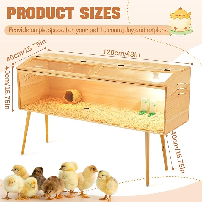 47 x 16 x 16 in Brooder Box for Chicken Quails Stand Sliding Door, Bulb Set and Feeder, Indoor Chicks Coop Brooder Box Kit, for Ducks, Hamsters, Lizards, Mice, Rat(Table Legs, Wooden)