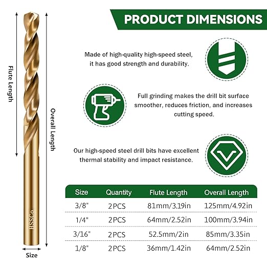 Cobalt Drill Bit Set, 8Pcs 1/8" 3/16" 1/4" 3/8" M35 High Speed Steel Jobber Length Kit Premium Metal Drill Bits for Hardened Steel Stainless Steel Cast Iron Plus Wood Plastic