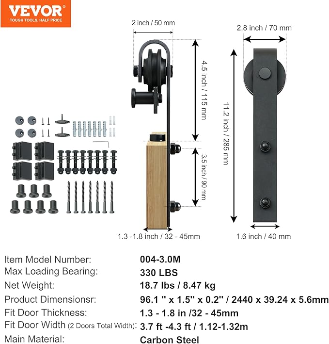 Sliding Barn Door Hardware Kit, VEVOR 8FT 330LBS Heavy Duty Barn Door Track Kit for Double Doors, Fit 3.7-4.3FT Total Wide and 1.3"-1.8" Thick 2 Door Panel, with Smooth & Silent Pulley