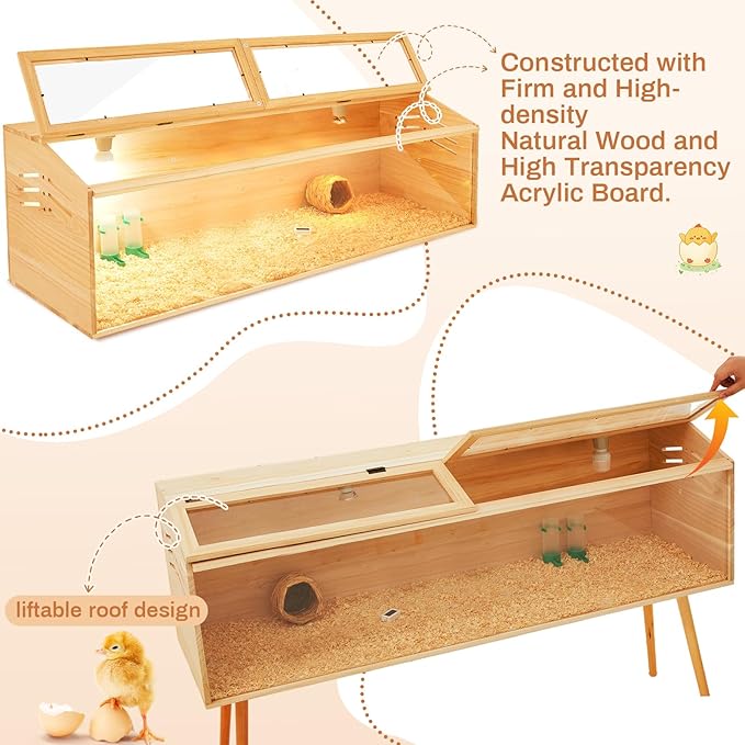 47 x 16 x 16 in Brooder Box for Chicken Quails Stand Sliding Door, Bulb Set and Feeder, Indoor Chicks Coop Brooder Box Kit, for Ducks, Hamsters, Lizards, Mice, Rat(Table Legs, Wooden)