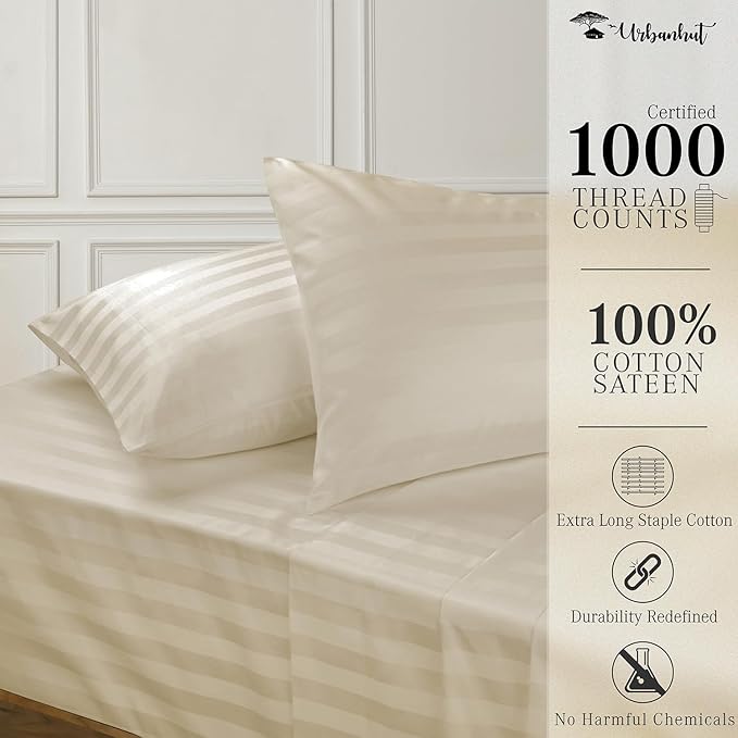 URBANHUT 1000 Thread Count Damask Striped Twin Size Egyptian Cotton Sheets, Long Staple Soft & Breathable, 4 Pc Bed Sheet Sets, Luxury Hotel Sateen Sheets Fits 16" Deep Pocket - Ivory