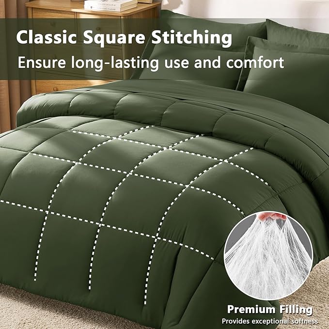 CozyLux Queen Comforter Set Olive Green - 7 Pieces Bed in a Bag Queen, All Season Breathable Bedding Sets,Oeko-Tex Certified Bed Set with Down Alternative Comforter, Sheets, Pillowcases & Pillow shams