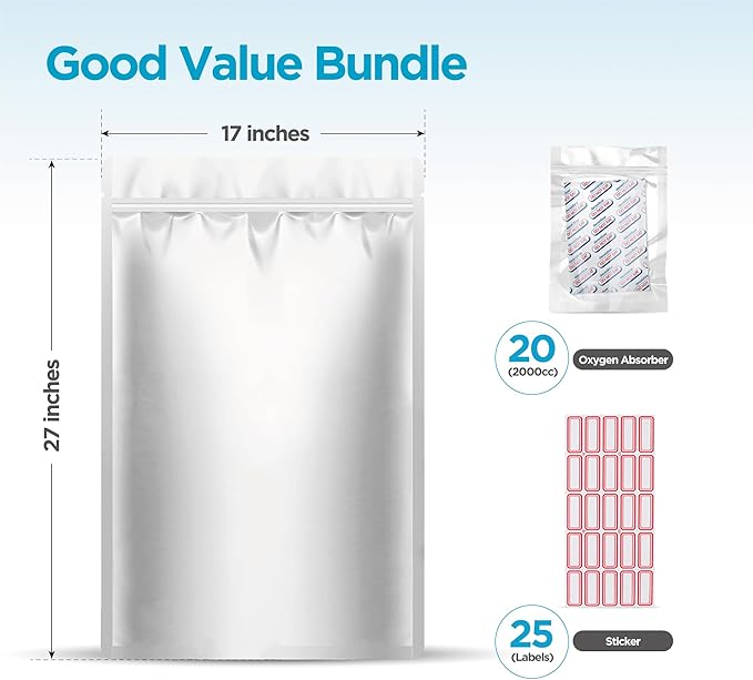 20 Pcs 5 Gallon Mylar Bags With Oxygen Absorbers - 11 Mil Thick - With Sticker Labels and Closure Clip - Smell Proof, Zipper Closure Heat Resealable Large Mylar Bags For Food Storage