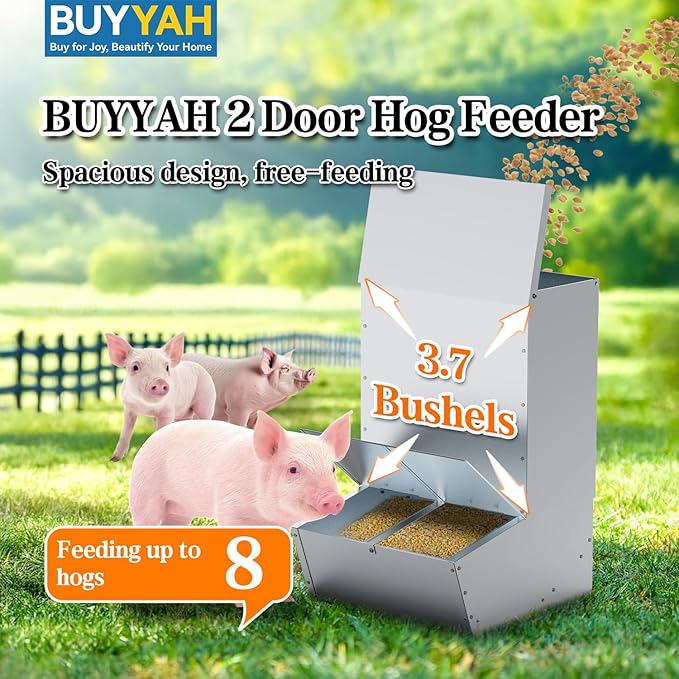 2 Door Hog Feeder, Heavy Duty Galvanized Steel Pig Feeder, 3.7 Bushels Capacity, Moisture Proof Piglet Creep Feeder, All Nuts Pre-Installed, Silver