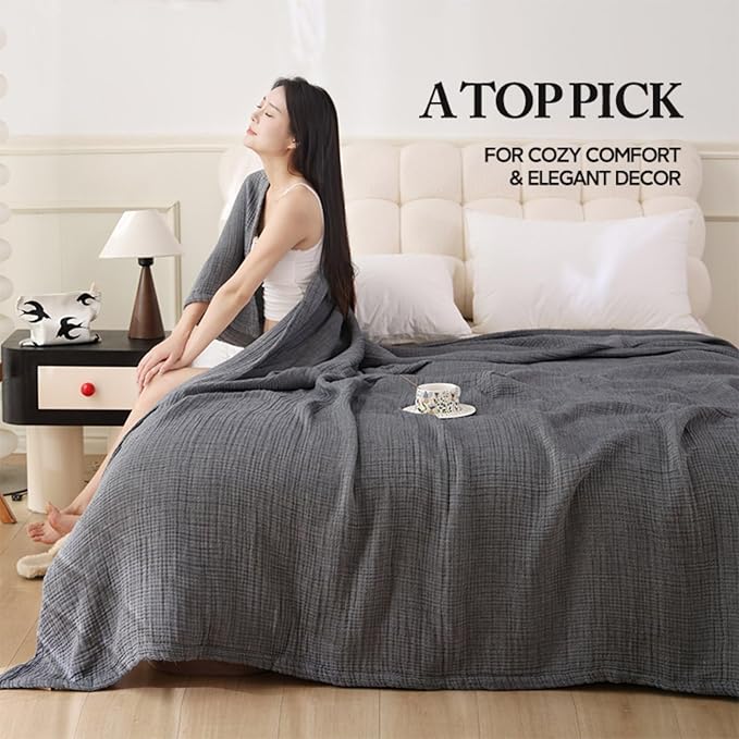 Boho Throw Blanket, 100% Cotton Ultra Soft Luxury Throw Rustic Quilt, Muslin Breathable Soft Bed Throw ，All Throw for Sofa Couch Chair 60×80 Inch (Grey Blanket, 60x80 Inch)