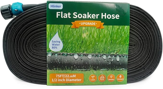 Flat Soaker Hose 75 FT for Garden Beds, 75Ft 1/2" Linkable Consistent Drip Irrigation Hose Save 80% Water, Leakproof Heavy Duty Double Layer Sprinkler Hose