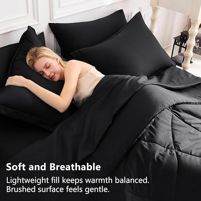 CozyLux Oversized King Comforter Set Black - 7 Pieces Bed in a Bag Comforter Set with Sheets, Luxury Soft Bed Set All Seasons, Bedding Set with Down Alternative Comforter, Sheets, Pillowcases & Shams
