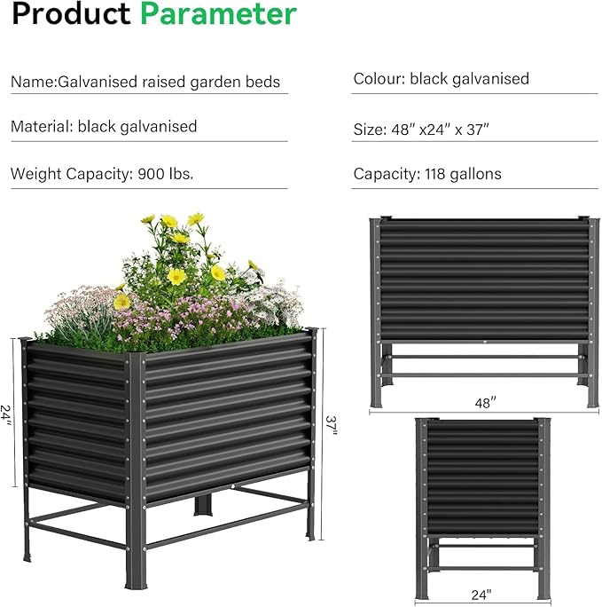 Galvanized Raised Garden Bed with Legs,48×24×37in Large Metal Elevated Raised Planter Box ,Raised Garden Bed,900lb Capacity with Drainage Holes for Vegetables Lawn Green Flowers, Fruits, Terrace