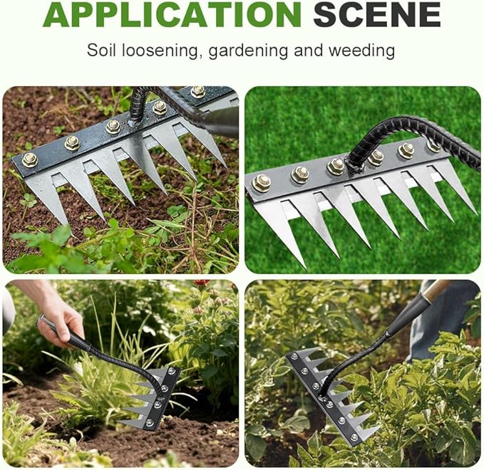 2025 Iron Weeding Rake 2.0, New 5/6/7/8 Teeth Carbon Steel Garden Weeder Rakes, Iron Rake for Yard Lawn and Garden, Heavy-Duty Garden Hand Weeder Puller Tool for Gardening and Weedings (8 Teeth)