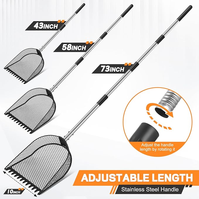 Metal Chicken Poop Scooper and Rake 2-in-1, Poop Chicken Scoop Sand with Stainless Steel Handle (43-73" Adjustable), Sifter Shovel Chicken Coop Sand Rake for Chicken Coops & Farm Animals