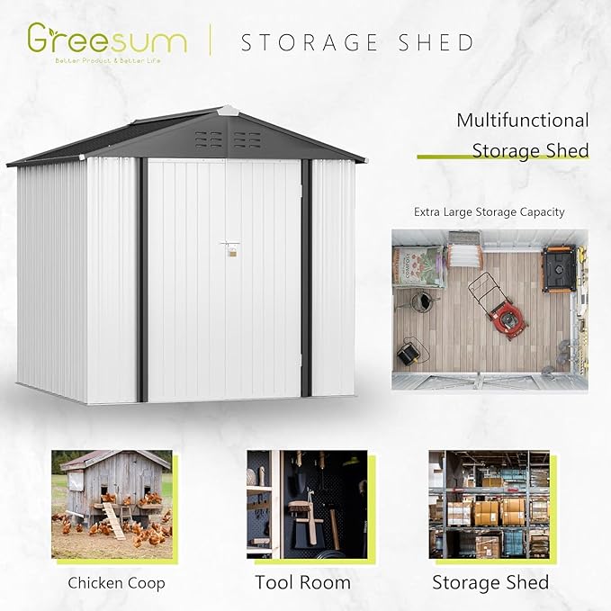 Greesum 6x4FT Outdoor Storage Shed, Utility Tool Shed Metal Storage Garden Shed with Door & Lock for Patio Storage, White