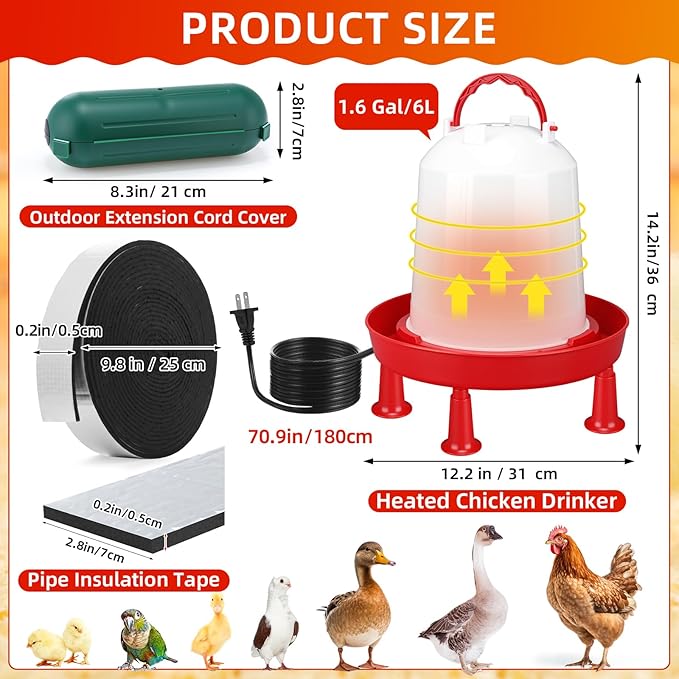 3 Pcs 6L Heated Chicken Waterer for Winter 1.6 Gallon Heated Poultry Waterer with Leg Support Chicken Water Heater for Winter with Outdoor Extension Cord Cover and Pipe Insulation Tape Wrap