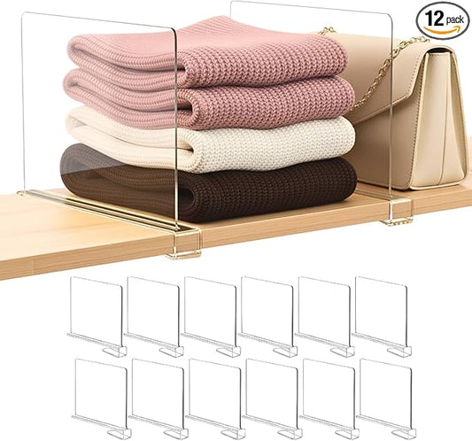 Shelf Dividers Purse Organizer for Closet: 12-Pack Acrylic Bag Storage Organizer for Handbags, Clutches, Clothes, Sweater, Towel on Wood Shelves