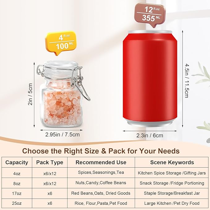 6 Pack Spice Jars, 4 oz Glass Containers with Airtight Lids, Small Herb Jars with Labels for Kitchen Storage