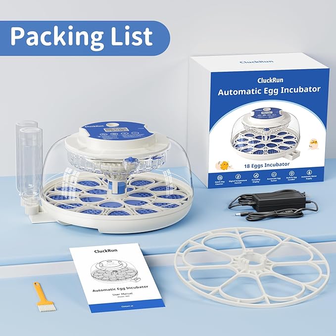 18 Egg Incubator, Hatch Day and Humidity Display, Automatic Turning and Stop, 2 Size Egg Trays, Candling Light, Automatic Water Refill, Air Vent, Hatching Chicken Quail Duck Turkey Goose Birds