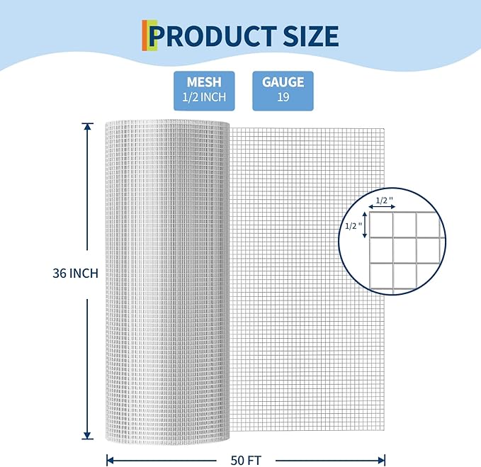 Hardware Cloth 1/2 inch - 36in x 50ft 19GA Heavy Duty Galvanized Chicken Wire Mesh Roll, Hot-Dipped After Welding for Chicken Coop, Rabbit Cages & Garden Fencing – Poultry Netting & Fencing