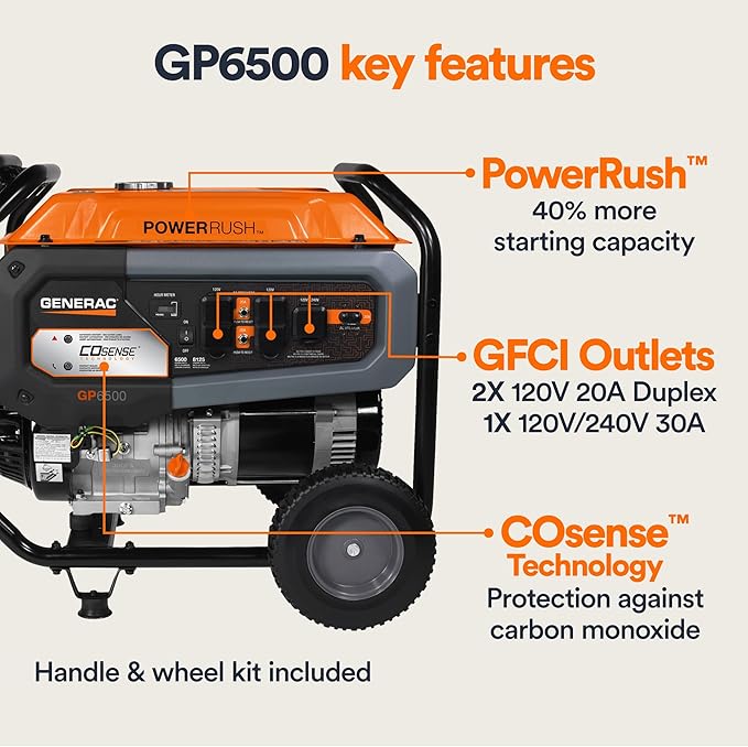 Generac 8,125 Starting Watt Portable Gas Generator - Home Backup or RV Ready - Heavy Duty Frame - Quiet, Long Runtime, Emergency Power- 49-State Compliant