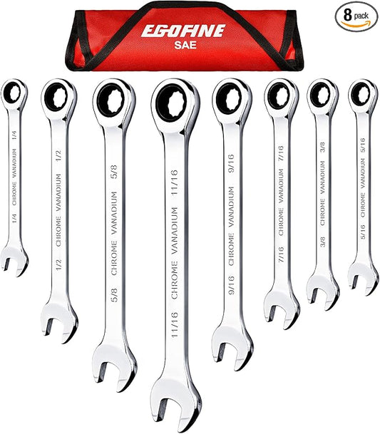 Egofine 8-Piece Ratcheting Wrench Set, Cr-V Steel SAE Wrench Set from 1/4" to 11/16", 72 Teeth Ratchet Wrench, 12 Point Open End & Box End Combination wrench set with Roll Up Pouch