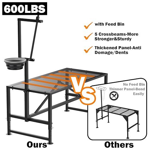 600 Lbs Goat Milking Stand with Feed Bin, Livestock Stand for Sheep Trimming Hooves, Goat Stantion Metal Black with Adjustable Head Piece and Legs, Large Size