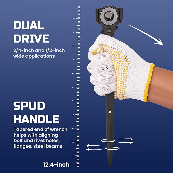 Lichamp 3 Pack 12 In. Spud Wrench Ratchet Set, 3/8" x 1/2" Dual Driver Ratchet, 3/4" x 7/8" Dual Socket Scaffold Spanner and 12 in. Spud Adjustable Wrench