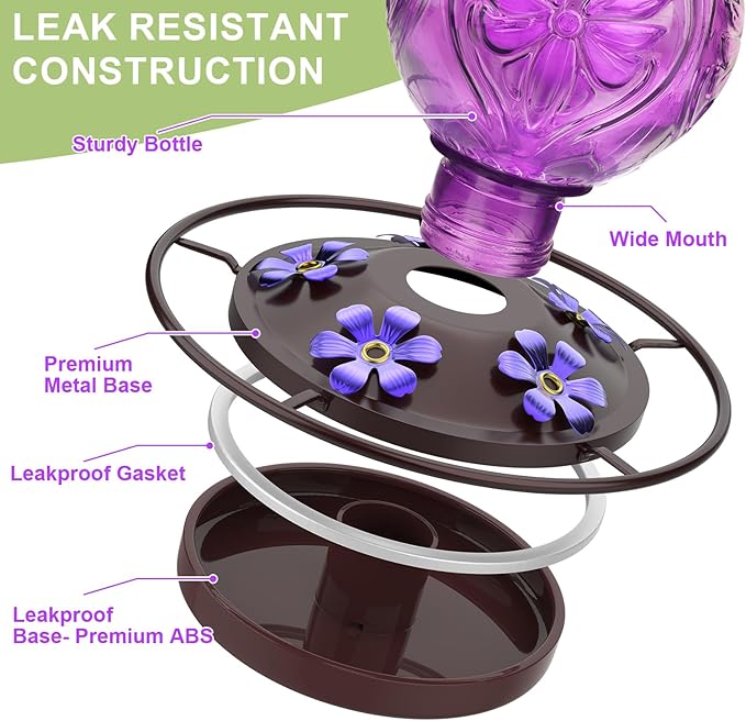 Glass Hummingbird Feeder for Outdoors Hanging, 25Oz Humming Bird Nectar Feeders with Perch & 5 Flower Feeding Ports, Leak Proof for Outside Garden Decor, Gifts for Women (Purple)