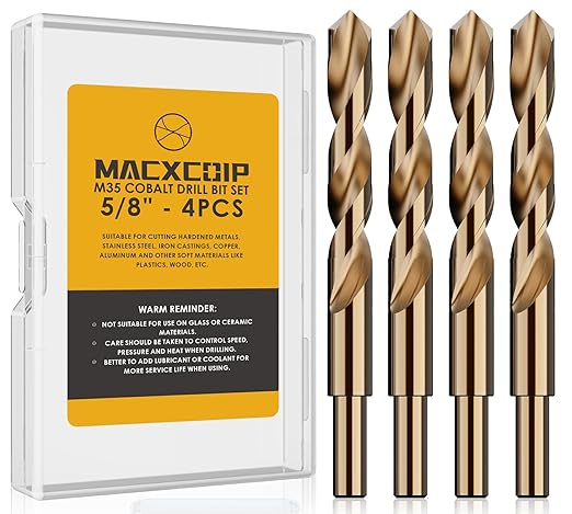 5/8" (4pcs) Cobalt Drill Bit Set, M35 High Speed Steel Jobber Length Drill Bit Kit for Hardened Metal, Stainless Steel, Cast Iron, Wood and Plastic, with Index Storage Case