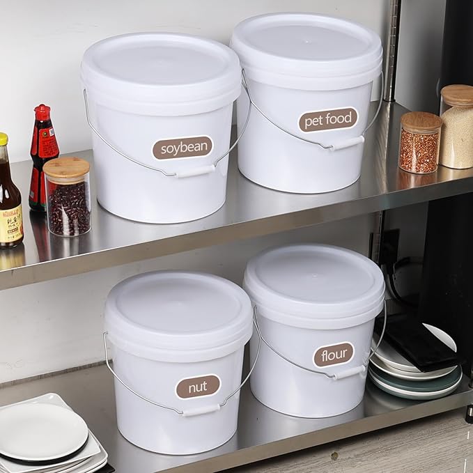 4 Gallon Plastic Food Storage Bucket with Metal Handle, Food Grade Round Pail with Lid, White, 4 Packs