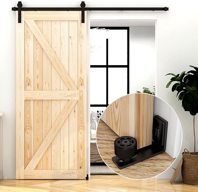 Sliding Barn Door Floor Guide Wall Mount Hardware Adjustable Stay Rollers, Smooth Wheels Flush Bottom Countersunk Holes Black 1 Pack