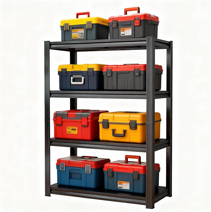 63''Storage Shelves, 4-Tier Garage Metal Shelving Unit, Adjustable, Double-Layer Column with Reinforced Ribs, Heavy-Duty, Capable of Bearing 2400 lbs Suitable for Garage, Warehouse, Kitchen Storage